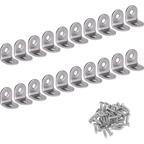 Équerre à angle droit, acier inoxydable, équerre d'angle à 90 degrés, équerre en L, support de fixation avec 20 vis argentées, 20 x 20 x 16 mm (1/5)