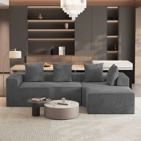 Divano angolare compresso a 3 posti,in tessuto velluto a coste,imbottitura in schiuma ad alta densità,non richiede montaggio,per soggiorno,dimensioni 270x152x59cm,grigio (1/5)