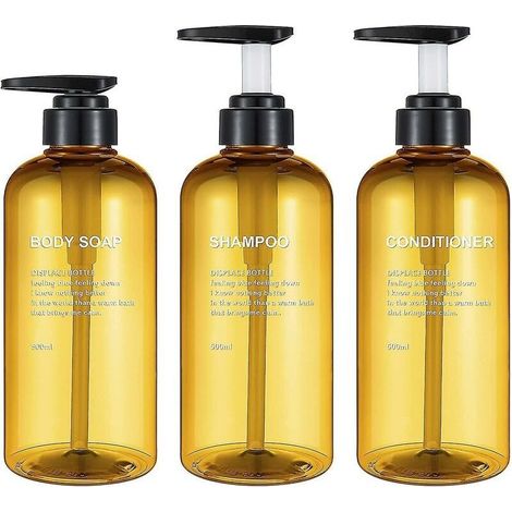 Lot de 3 bouteilles de shampoing vides de 17 oz, bouteilles à pompe en plastique jaune de 500 ml avec récipients distributeurs de savon (1/4)