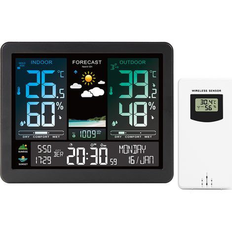 GARRYFIZH Station Météo Avec Capteur Extérieur,Écran LCD Sans Fil Coloré Météorologique Numérique Baromètre Phase de Lune Alarme Réveil Météo Prévision Rétroéclairage Réglable