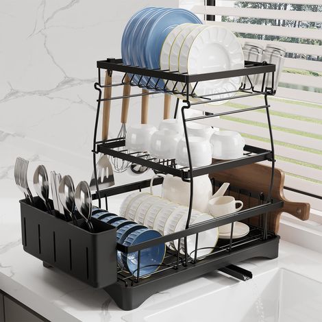 Égouttoir Vaisselle sur Evier 3 Niveaux Noir Égoutoire Vaisselle Cuisine avec Porte-Verres/Support de Planche à Découper/Porte-Couverts et Bac d'égouttement pour Vidange Automatique (1/5)