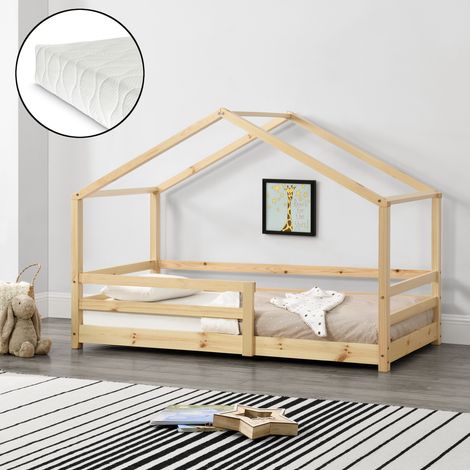 Letto per Bambino a Forma di Casetta con Barriere di Sicurezza e Materasso Ortopedico 90 x 200 cm Lettino in Legno di Pino con Sponde - Color Legno Naturale (1/5)