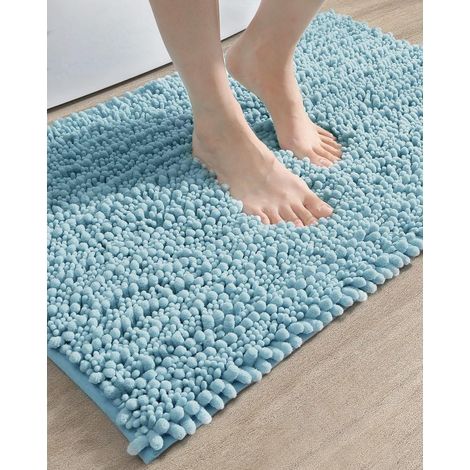 Bathroom Rug 20x32, Super Soft Thick Chenille Absorbent Bath Mat, Non Slip Machine Washable Fluffy Shag Bathmat for Tub, Shower Floor, Light Blue (1/5)