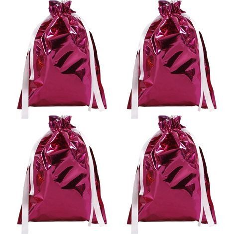 Sac Cadeau Noël - Fermeture à Cordon - Aluminium Métallisé - Motif Père Noël Renne - 20 x 25 cm - Lot de 12 (1/5)