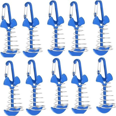 Juego de 10 anclajes resistentes al viento de aleación de aluminio con hebilla de resorte, para acampada al aire libre, portátiles, color azul. (1/5)