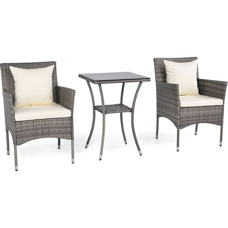 3-teiliges Rattan-Gartenmöbelset mit Glastisch und Kissen