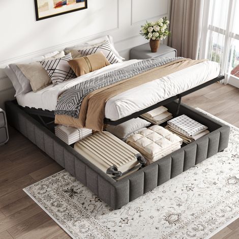 4ft6 Double Upholstered Storage Bed Frame, No Headboard Linen Bed Frame with Hydraulic Storage, Channel Tufted Ottoman Bed, Metal-Wood Support, No Box Spring Needed, Easy Assembly,Grey (No Mattress)