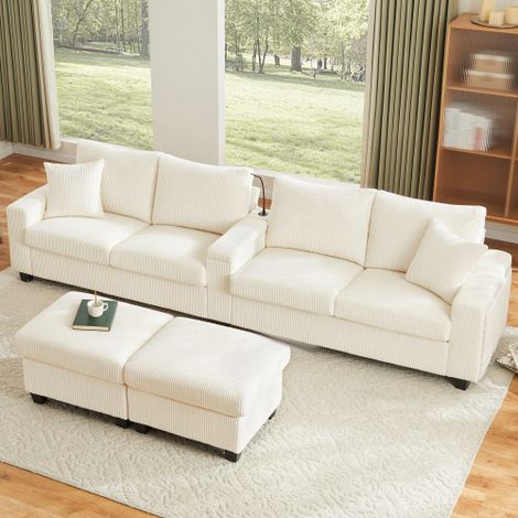 Canapé en velours côtelé en forme de U longueur 334x largeur 128,5x hauteur 81 cm, avec 2 tabourets, lampe de lecture, étagère rabattable, porte-gobelet et USB/Type-C, accoudoirs des deux côtés avec l (1/4)