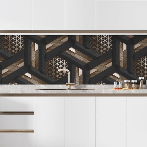 Crédence adhésive cuisine - Bois Géométrique - 70x122 cm - Adhésif MAT (1/5)