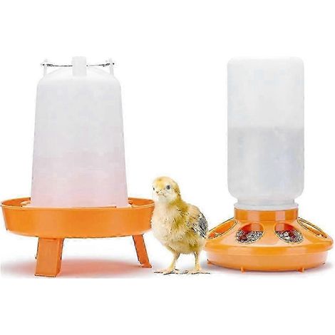 Ensemble mangeoire et abreuvoir pour poussins à alimentation par le haut avec 3 pieds réglables en hauteur. (1/5)