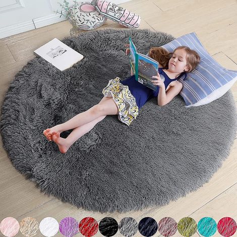 Tapis rond rose poudré, idéal pour la chambre à coucher, tapis rond moelleux 120 x 120 cm, idéal pour les enfants, gris. (1/5)