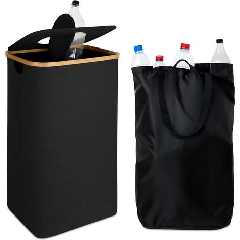 Relaxdays Pfandflaschen Sammelbehälter 100l, waschbarer Beutel, HBT 70x42x34 cm, Flaschensammler Deckel, Filz, schwarz