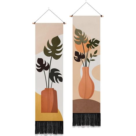 Lot de 2 tapisseries murales verticales bohèmes à suspendre au mur, vintage, bohème, décoration murale avec pompons, esthétique botanique, tapisserie longue et étroite pour salon (1/5)