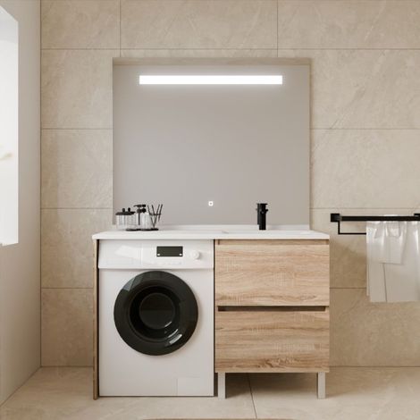Cuisibane – Meuble lave-mains avec plan vasque déportée à droite – 2 tiroirs de rangement – Largeur 60 cm – Miroir LED Élégance 124 cm h105