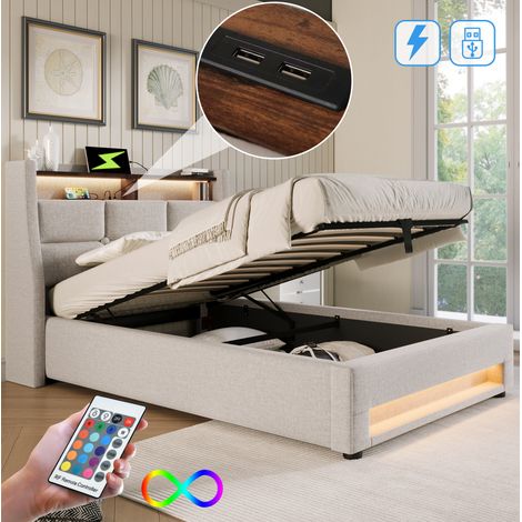 Letto singolo 90x200 cm in tessuto lino beige, con LED USB per cameretta, senza materasso - FLORAGRACE (1/5)