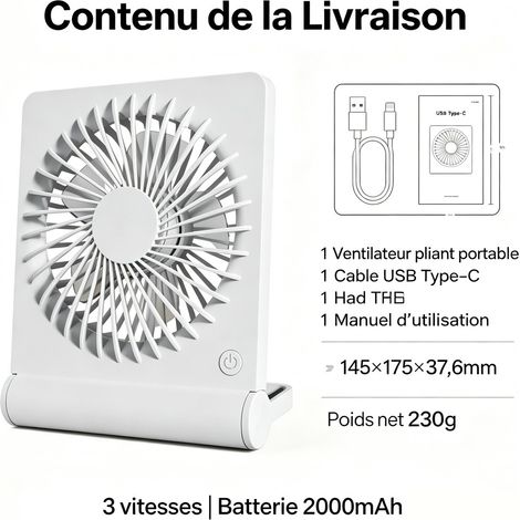 Ventilateur pliant portable à batterie 2000mAh, 3 vitesses, support en U ajustable, ventilateur silencieux pour tente, camping (1/5)