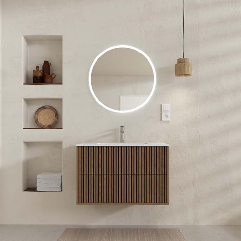 Mueble de Baño 2 cajones 60 Roble y Negro - Lavabo Blanco - Espejo LED 60