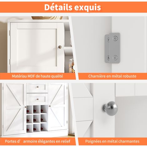 Armoire de cuisine avec des compartiments réglables et étagère pour les vins. Grande armoire de cuisine avec 4 portes et 2 tiroirs. Meuble d’appoint pour la cuisine et le salon. Armoire à buffet. Blan (1/5)