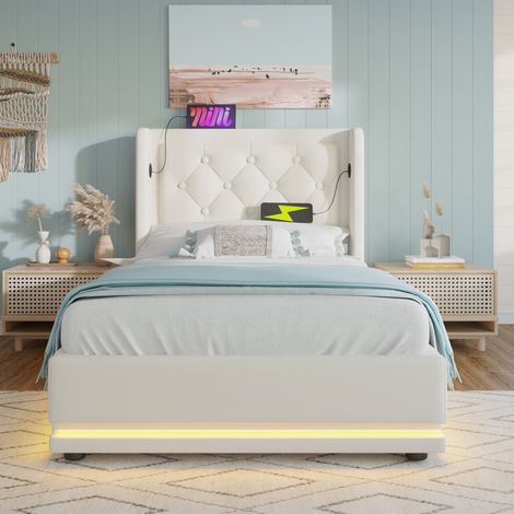 Lit simple rembourré 90x200 cm moderne en PU blanc, coffre hydraulique, tête de lit USB et USB-C, LED 3 côtés, avec matelas (1/5)