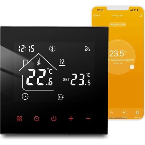 Thermostat Électrique Intelligent, Thermostat Chauffage Au Sol Programmable WiFi Chambre Thermostat Chauffage Au Sol Compatible avec Alexa Et Google Assistant, Écran Tactile Numérique Noir 16A (1/4)