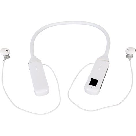 Écouteurs Bluetooth tour de cou avec indicateur de batterie LED, lecteur de carte mémoire, embouts magnétiques et rétroéclairage RGB blanc. (1/5)