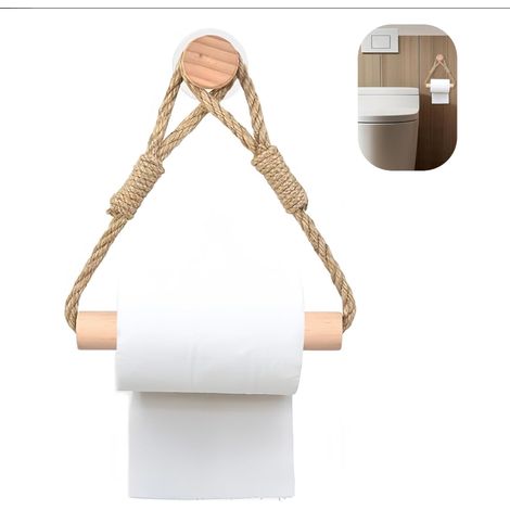 Portarotolo di carta igienica autoadesivo in corda di canapa e legno - Portarotolo di carta igienica in stile industriale retrò per il bagno (non è necessaria la foratura) (1/5)