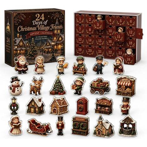 Adventskalender 2026 – 24-teilig – Dunkelrot, Braun, Weiß – Acryl – 24 Tage mit Weihnachtsdorffiguren – Weihnachtsdekoration – geeignet für Weihnachtsfeiern und als Dekoration für die Wohnung. (1/5)