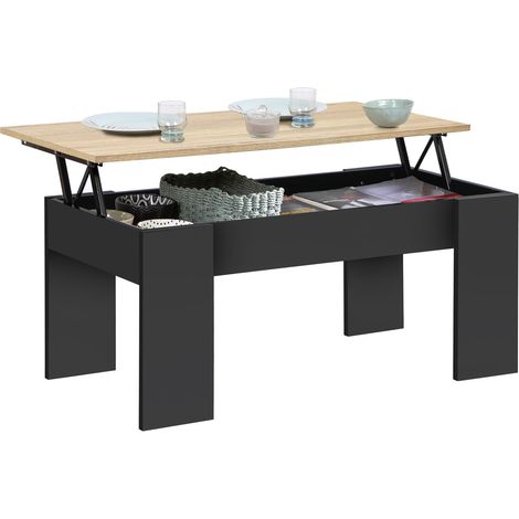 Idmarket – Table basse relevable rectangulaire – Plateau en bois noir et imitation hêtre – Dimensions 100x50x45cm – Compartiment de rangement intégré