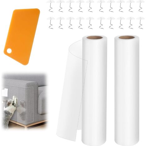 2 PCS Protection Canapé Chat Anti Griffe avec 20 Pins et 1 Outil, 20 cm x 3 m Film Autocollant, Protection Canapé Chat et Chien,Protège Canapé Griffe Chats Film Autocollant pour Meubles,Mur et Porte (1/5)