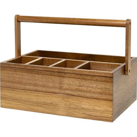 Porte-Ustensiles en Bois d’Acacia avec Poignée, Organisateur à 5 Compartiments, Range-Couverts pour Cuisine, Bureau ou Salle de Bain (1/5)