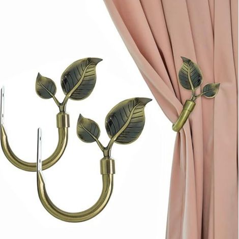 Ganchos laterales de metal con forma de hoja, aptos para cortinas y revestimientos de paredes (verdes, juego de 2). (1/5)