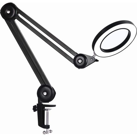 Lampe loupe, lampe de travail - avec lentille en verre 160 mm 5 dioptries, clip en métal, bras pivotant, lumière dimmable en 3 couleurs Noir (1/5)