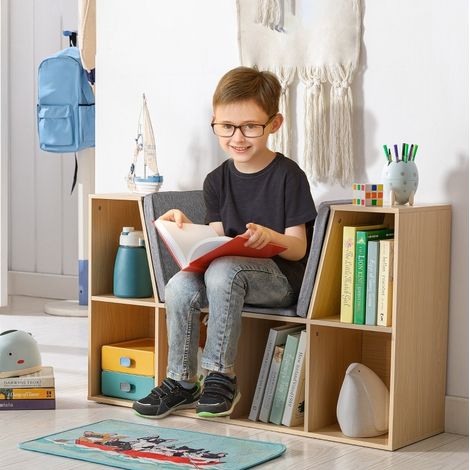 Bibliothèque enfant avec banquette et 6 compartiments, 3 coussins, gris et bois naturel HAVRYA (1/5)