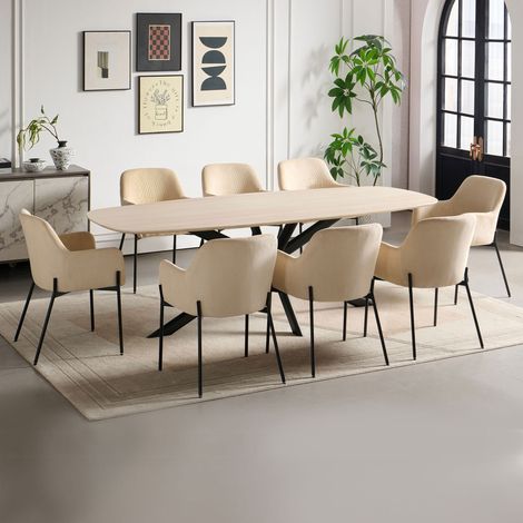 M&S – Ensemble table 240 cm effet travertin – 8 chaises velours côtelé beige – Dimensions 240x100 cm – Usage ergonomique – Design raffiné