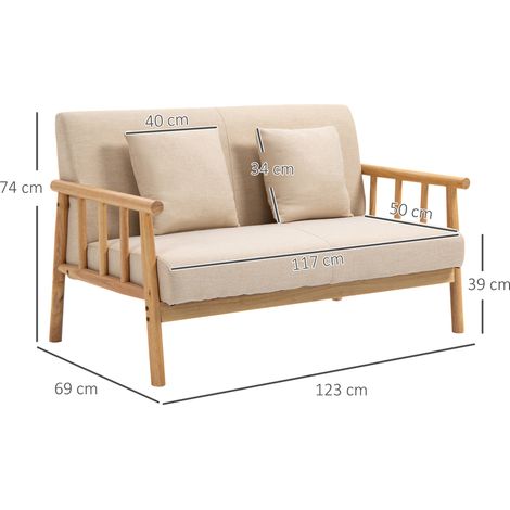 Canapé 2 places beige, structure bois solide, revêtement lin, 2 coussins dorsaux moelleux, divan compact pour petit salon, ensemble garni. (1/5)