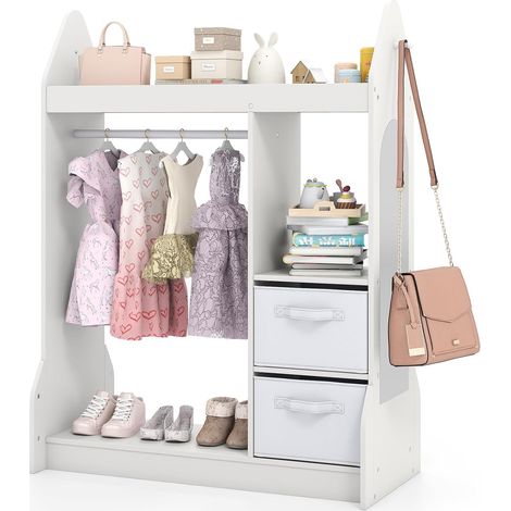Costway – Portant à vêtements enfant avec miroir acrylique – Cintre en bois – 3 étagères ouvertes – 2 bacs en tissu – Dimensions 81x75x107 cm – Blanc (1/5)