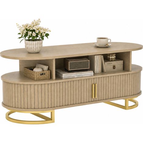 Table basse - HOMCOM - ovale - portes à tambour coulissantes, rangement fermé et étagères ouvertes - bois - 120x50x47,5cm - chêne (1/5)