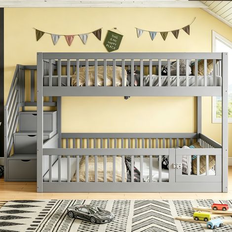 Lit superposé enfant 140x200 cm avec escalier sécurisé tiroirs de rangement aire de jeu cadre bois gain de place gris solide (1/5)