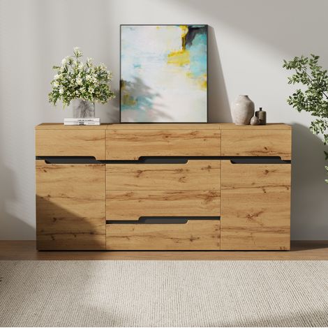 MEUBLIV Credenza 160 x 40 x 80 cm nera e legno – 2 ante, 4 cassetti (1/5)