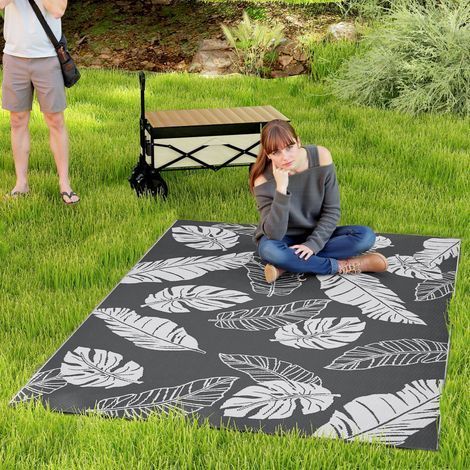 Tapis de jardin extérieur imperméable, motif feuillage, 182x274cm, gris et blanc (1/5)