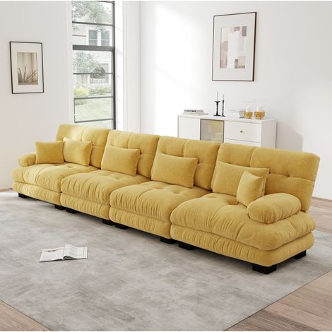 Sofá modular de 4 plazas con asiento profundo en chenilla amarilla DESVIAE (1/5)