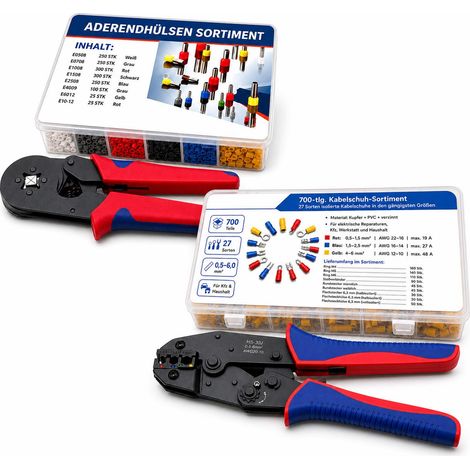 Crimpzangen Set 2200-teilig mit 2 Presszangen, 1500 Aderendhülsen und 700 Kabelschuhen, 0,5-6 mm², Kabelschuhzange für Kfz, Werkstatt, Haushalt und Elektroarbeiten (1/5)
