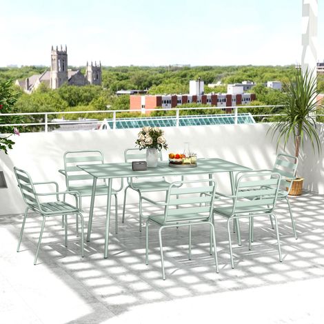 Salon de jardin ensemble salle à manger de jardin 7 pièces avec 1 table et 6 chaises empilables en acier vert clair