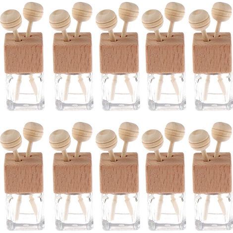 Lot de 10 désodorisants de voiture en verre transparent de 8 ml avec clip et diffuseur, flacons vides d'huiles essentielles et diffuseur, ornement en verre épais avec bouchons en bois, entonnoir et co (1/5)