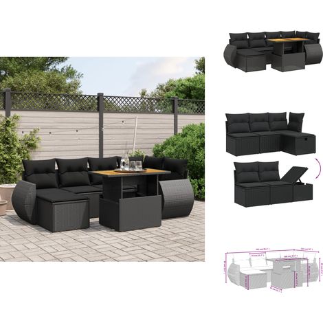 Salon de jardin 7 pcs avec coussins noir résine tressée - Ensemble Salon De Jardin - Mobilier Extérieur - Résine Tressée - Rotin Synthétique - Table Extensible (1/4)