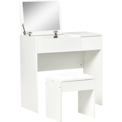 Consolle Trucco con Specchio e Sgabello 80x40x79 cm in Legno Bianca (1/5)