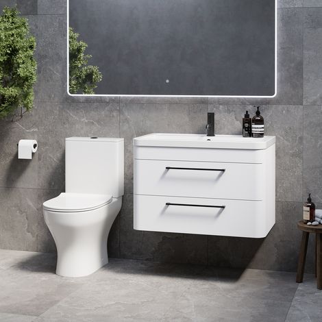Oslo Gloss White 1350mm Wall Mounted Vanity and Jubilee Toilet Suite with Leni Basin - 1350mm - Matt Black 320mm Handle