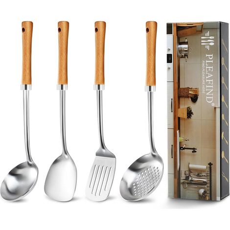 Pleafind Ustensiles de Cuisine, 4 Pièces Ustensiles de Cuisine inox, set de spatules à manche en bois comprenant Louche, Écumoire, Spatule, retourneur à fentes (1/5)