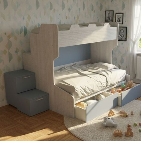 Letto a castello con gradini a cassetti e passerella - Una piazza e mezza e singola - Rovere Rock e Avio