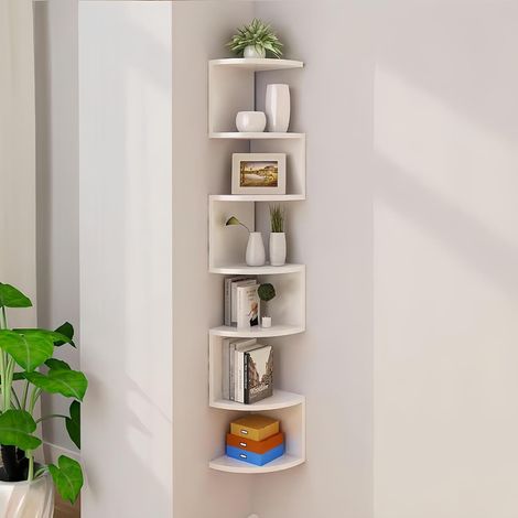 Étagère d’angle murale blanche à 7 niveaux, rangement vertical peu encombrant, bibliothèque d’angle pour salon, chambre, bureau et cuisine (1/5)